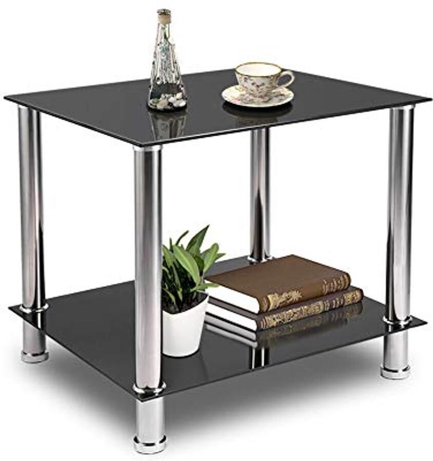 Salontafel SG-2023 Glazen Bijzettafel Industrieel Design Zwart Met Chromen Poten 2 Etages