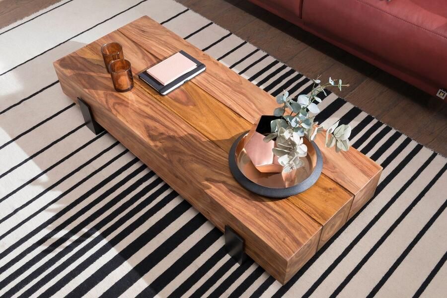 Rootz Living Rootz Salontafel Sheesham Hout Metalen Sofa Tafel Modern Design in Bruin en Zwart 115x22x44cm