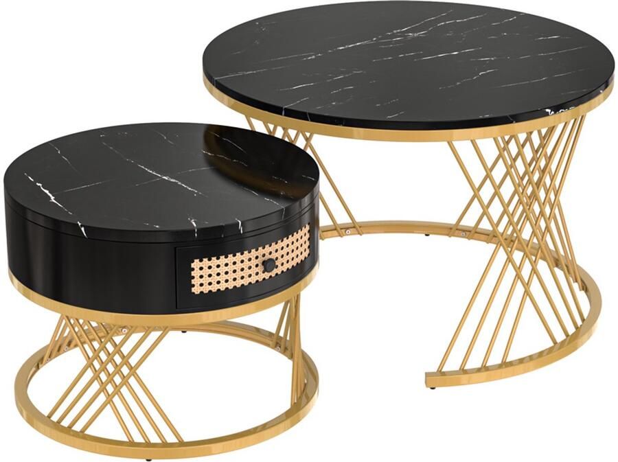 Salontafel stapelbaar ontwerp marmerlook tafelblad met gouden frame met 1 lade 70x70x45 5 + 50x50x38 5 cm zwart