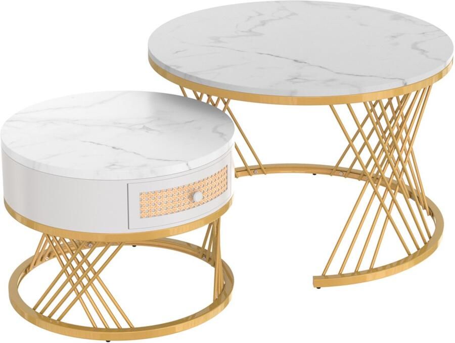 Salontafel stapelbaar ontwerp marmerlook tafelblad met gouden frame met 1 lade 70x70x45 5 + 50x50x38 5 cm wit