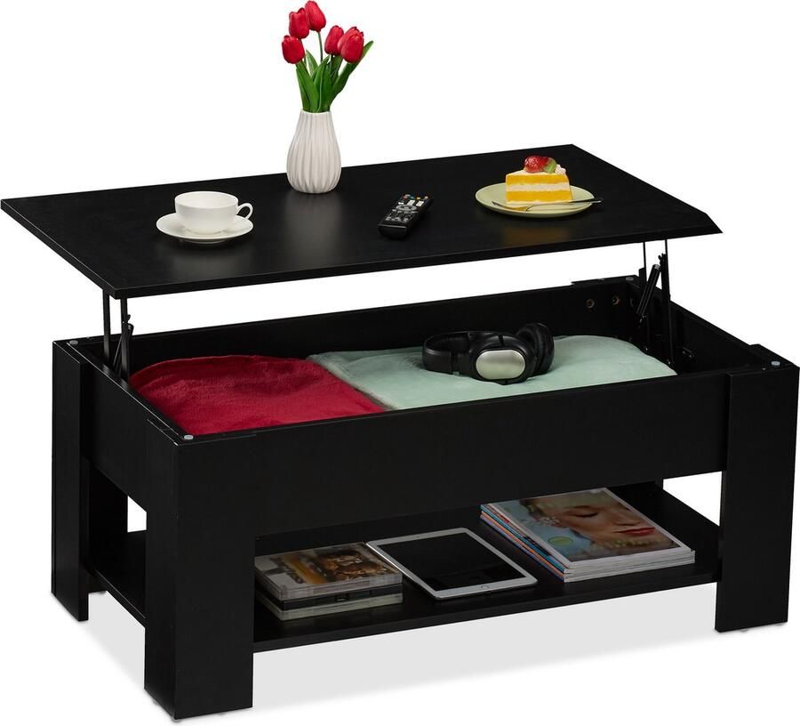 Relaxdays salontafel koffietafel woonkamertafel uitklapbaar met opbergruimte zwart