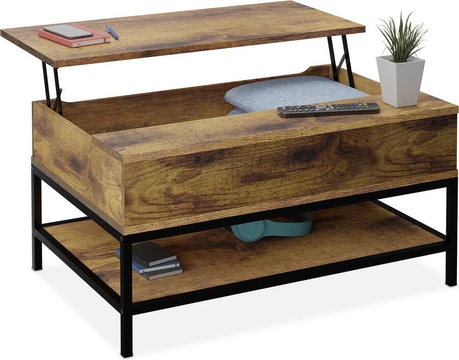 Relaxdays salontafel uitklapbaar met opbergruimte 45 5 x 90 x 60 cm houtlook industrieel bruin zwart