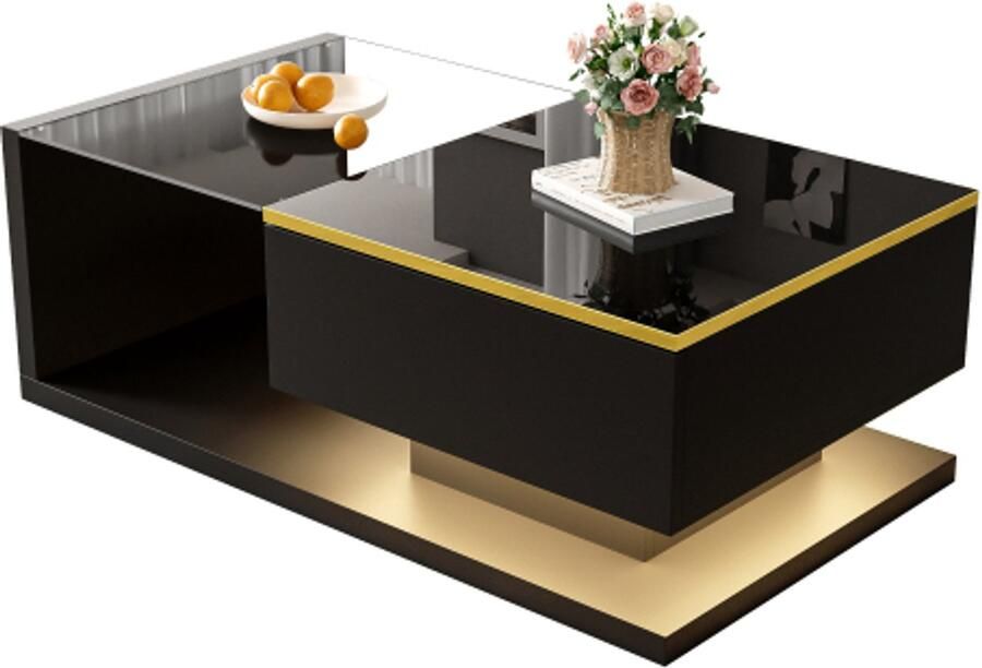 Salontafel van 100 cm lang hoogglans zwart. Bijzettafels salontafels met glas en led-effect