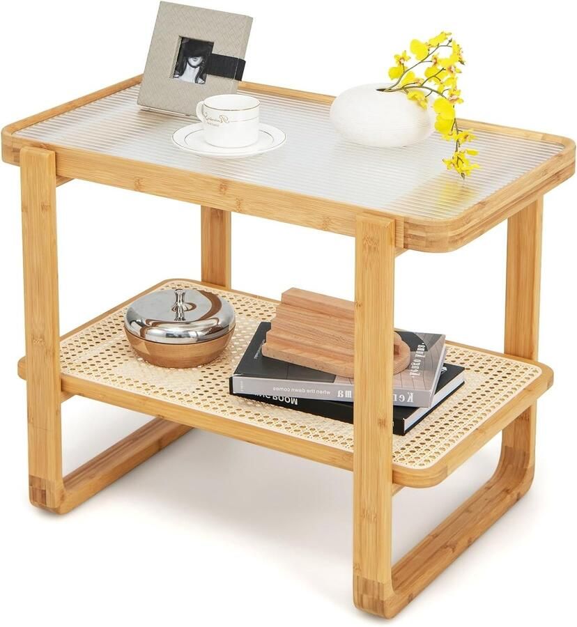 Salontafel van bamboe bijzettafel met glazen tafelblad en 2 niveaus rechthoekige salontafel voor woonkamer kantoor balkon 70 5 x 44 5 x 54 5 cm naturel