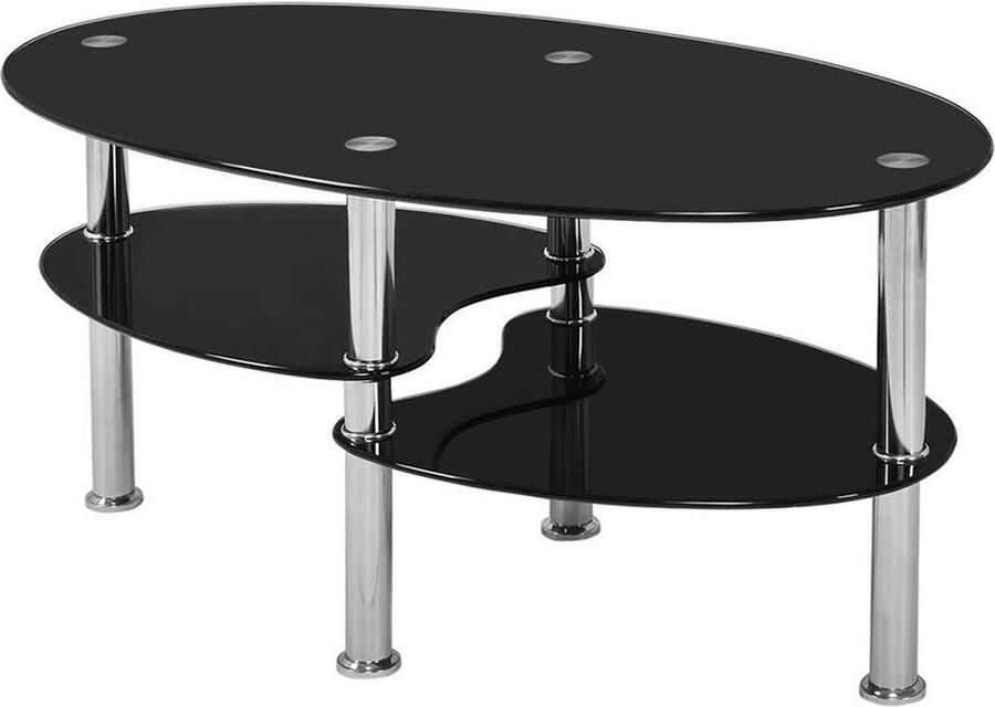 Salontafel van gehard glas eenvoudig en elegant salontafel voor woonkamer met metalen poten salontafel ovale salontafel met 2 planken (puur zwart)