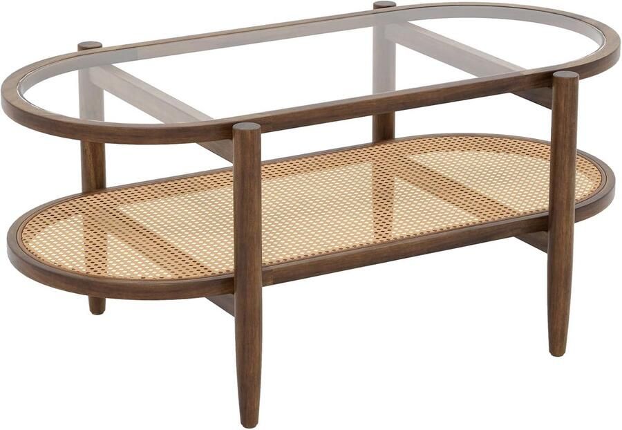 Salontafel van hout woonkamertafel met 2 niveaus banktafel glazen tafel van massief hout ovale theetafel met rotan voor woonkamer slaapkamer kantoor 102 x 46 x 47 cm