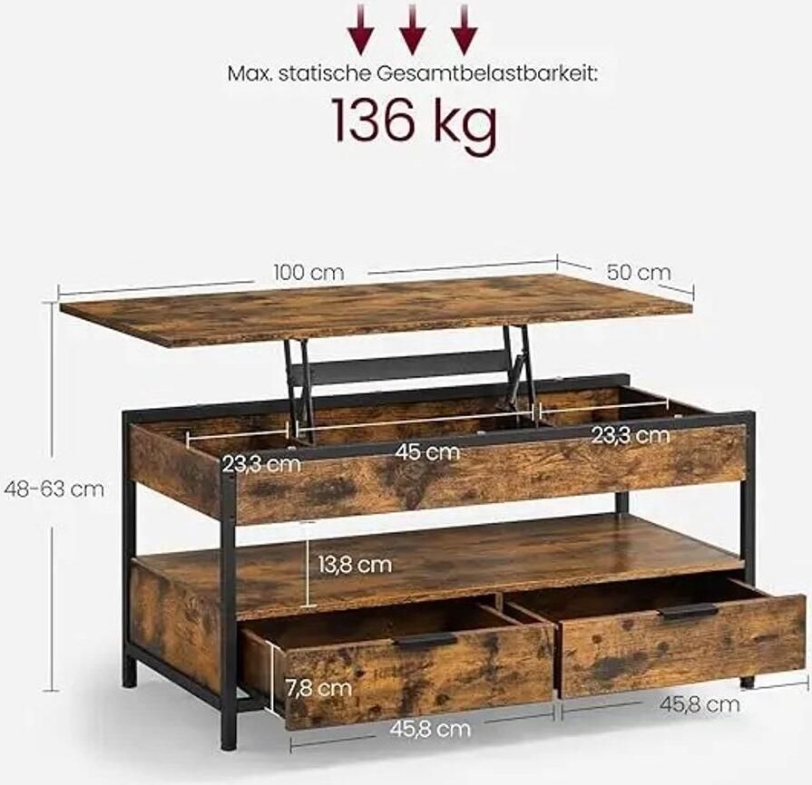 Salontafel Verstelbaar 50x100x(48-63) cm Met Lade en Lift-Top Vintabreun-Ink Black Open Opbergruimte en 3 Handvakken Robuust Stalen Frame en Spaanplaat Max. Draagkracht 136 kg Industrieel Design Eenvoudige Montage