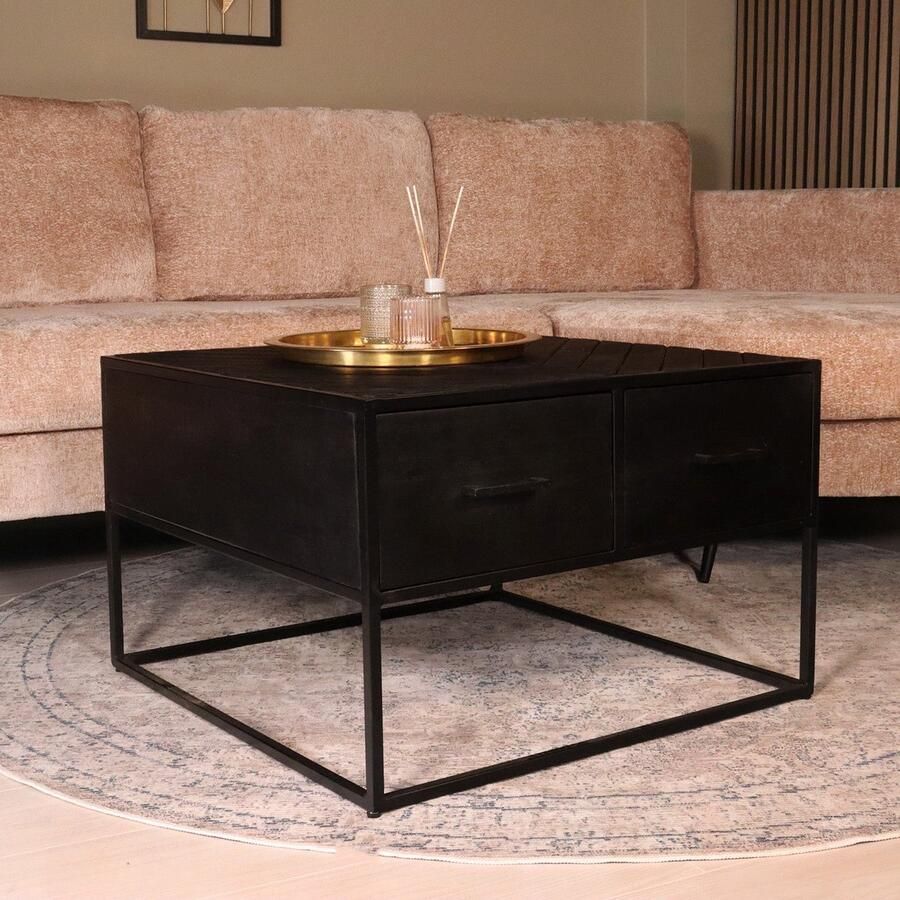 Lizzely Garden & Living Salontafel vierkant industrieel mangohout 70cm Besti zwart visgraat side table 2 lades duurzaam mango hout bijzettafel - Foto 3