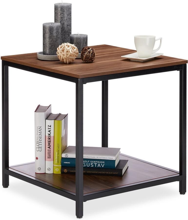 Relaxdays bijzettafel hout salontafel metalen frame 2 bladen loungetafel tafeltje