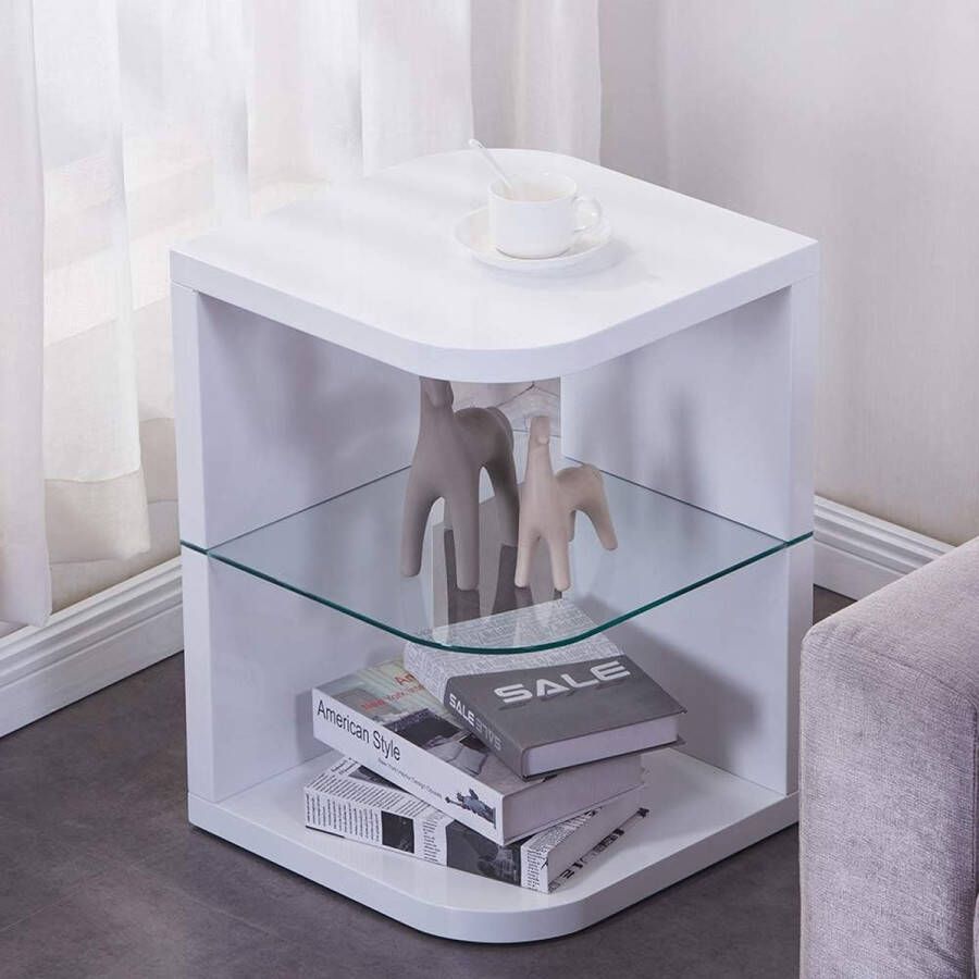 Salontafel woonkamer kleine bijzettafel rond nachtkastje hout glanzend bank kant glas wit