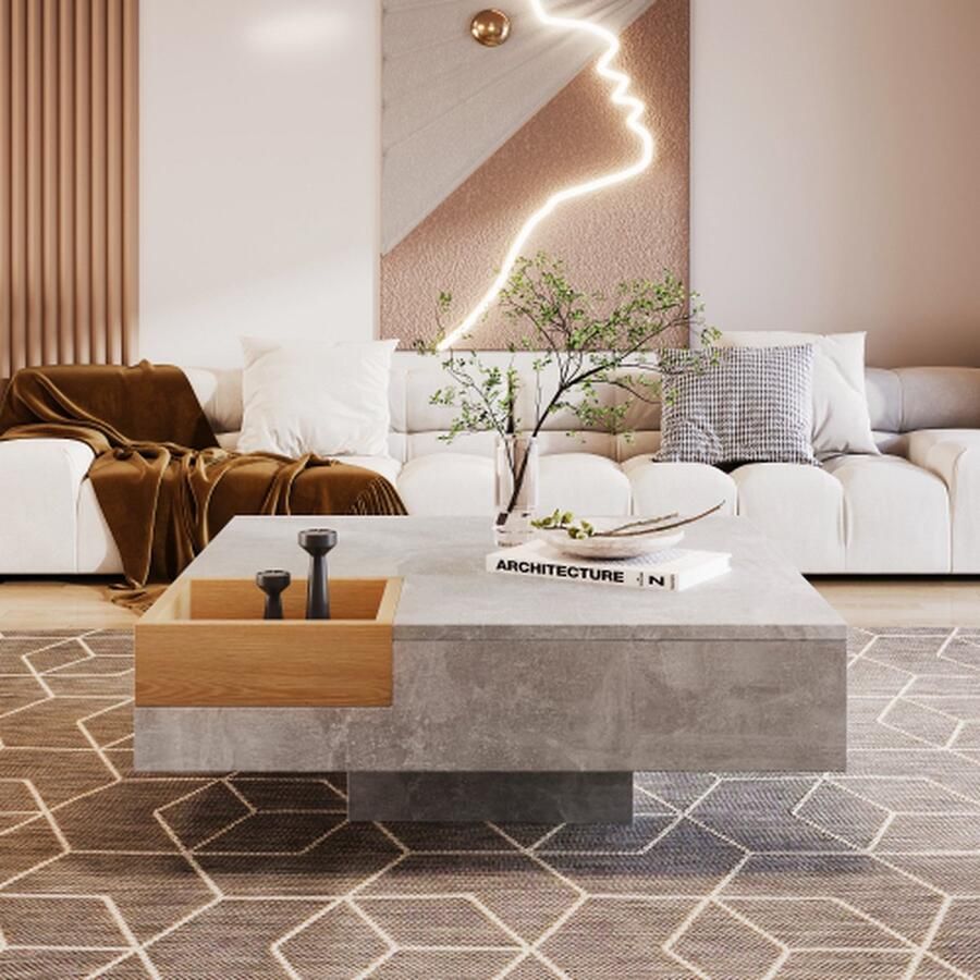 Salontafel woonkamertafel bijzettafel met afneembare opbergdoos betongrijs en houtkleur 72*72*30 cm