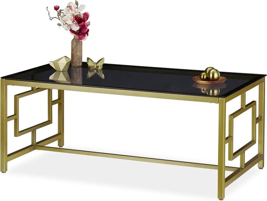Salontafel zwart-goud Stijlvol en robuust 1 stuk Zwart Metalen frame met glasplaat 45 x 110 x 60 cm