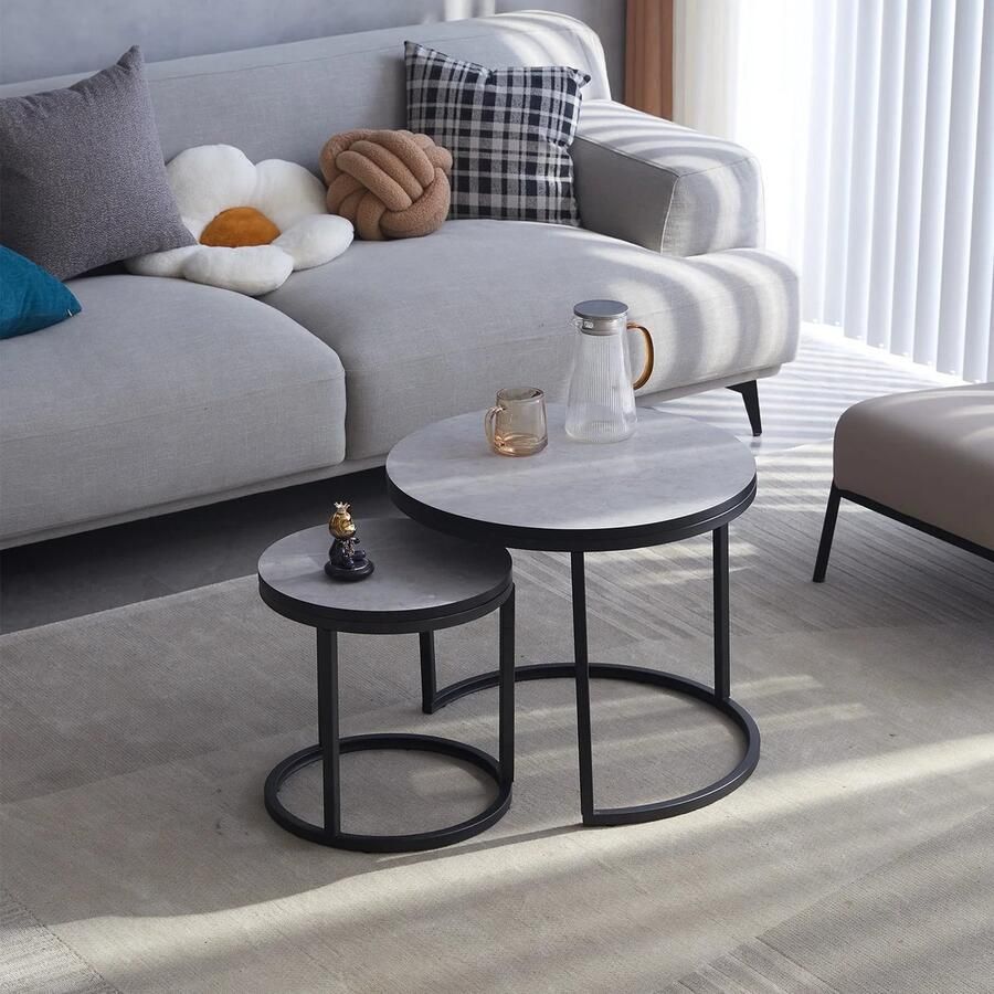 Bramboo Salontafels Bijzettafels Metaal Hout Rond Grijs Woonkamer Modern Minimalistisch Multifunctionele tafel diameter 60cm en 40cm Metaal afgerond frame