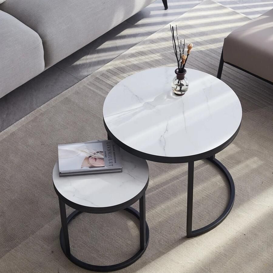 Bramboo Salontafels Bijzettafels Metaal Hout Rond Marmer wit Woonkamer Modern Minimalistisch Multifunctionele tafel diameter 60cm en 40cm Metaal afgerond frame