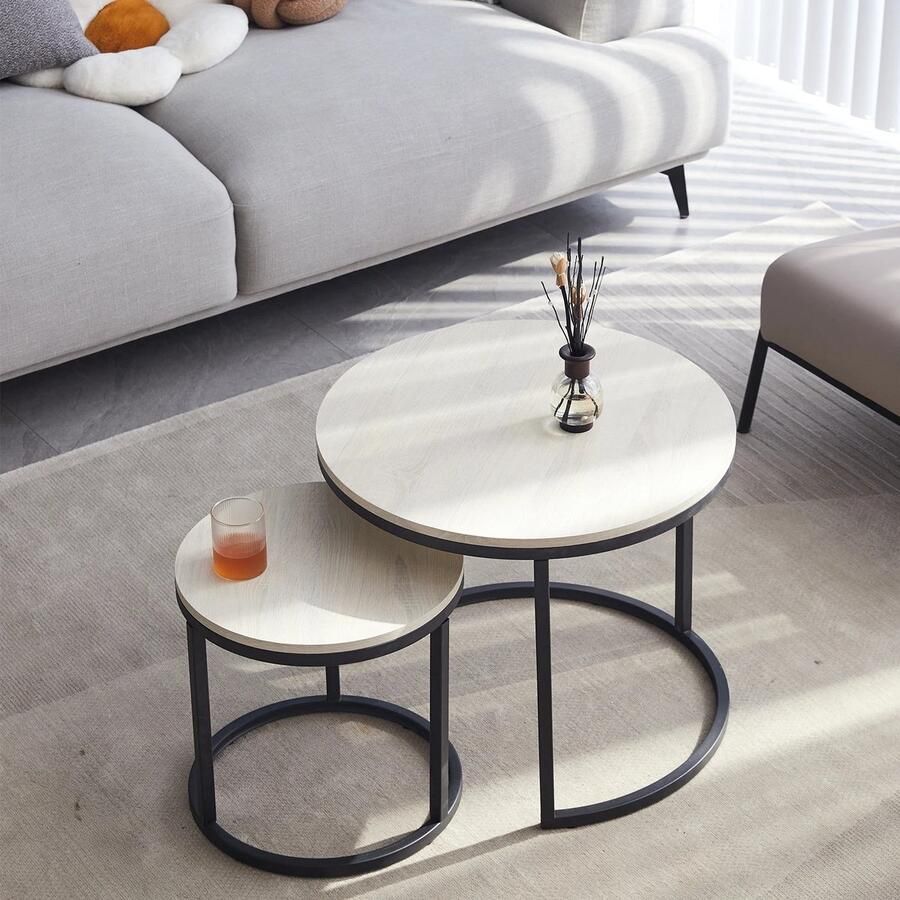 Bramboo Salontafels Bijzettafels Metaal Hout Rond Wit Woonkamer Modern Minimalistisch Multifunctionele tafel diameter 60cm en 40cm Metaal afgerond frame