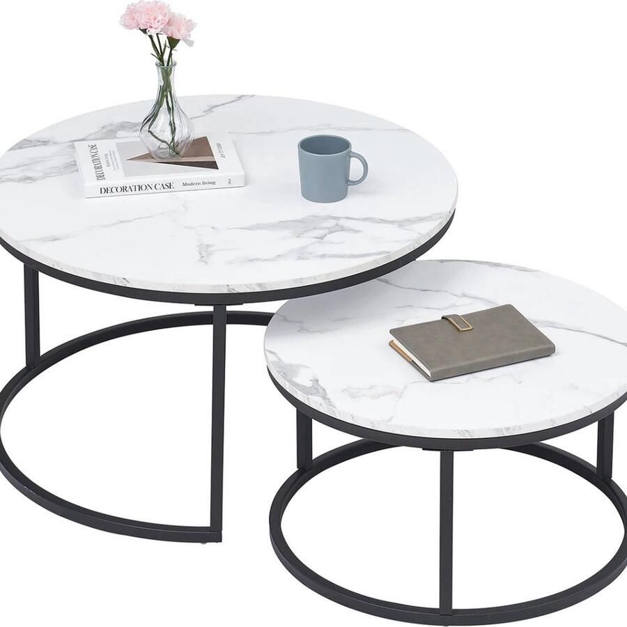 Salontafels rond 2 Stuks Salon tafel rond Bijzettafel rond Salontafel marmerlook Salontafel marmer 80 & 60 cm Zwart Wit