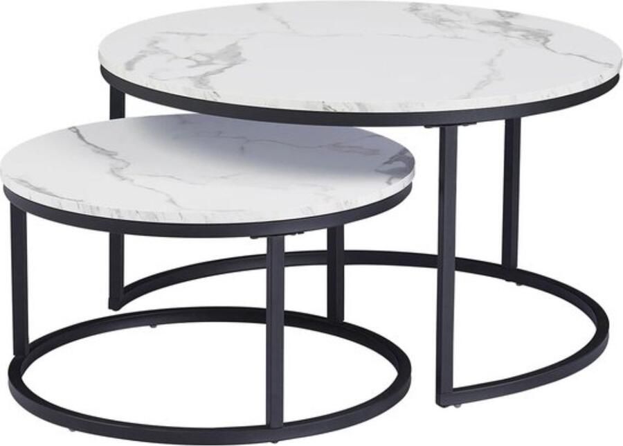 Salontafels rond 2 Stuks Salon tafel rond Bijzettafel Wit Salontafel marmerlook Salontafel marmer 60 & 40 cm Zwart Wit