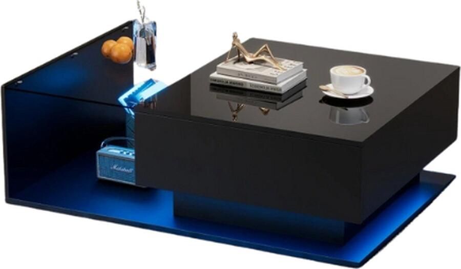 MDG shop Salontafels Salontafel met lade Salontafel met opbergruimte Salontafel zwart Hoogglans Met glazen blad Inclusief LED verlichting