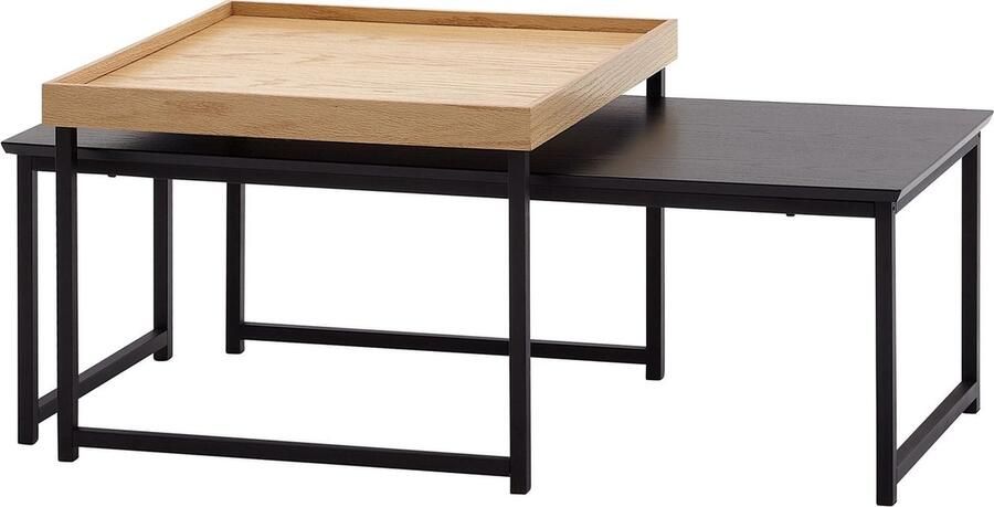 Salontafels Vierkante Eiken Moderne Salontafel 2-delige Bijzettafel Hout-Metaal Set van 2 Woonkamer Nesttafels