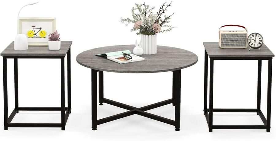 Salontafelset – 3-delig: 1 ronde tafel en 2 vierkante bijzettafels stevig metalen frame – Walnoot Wit Grijs