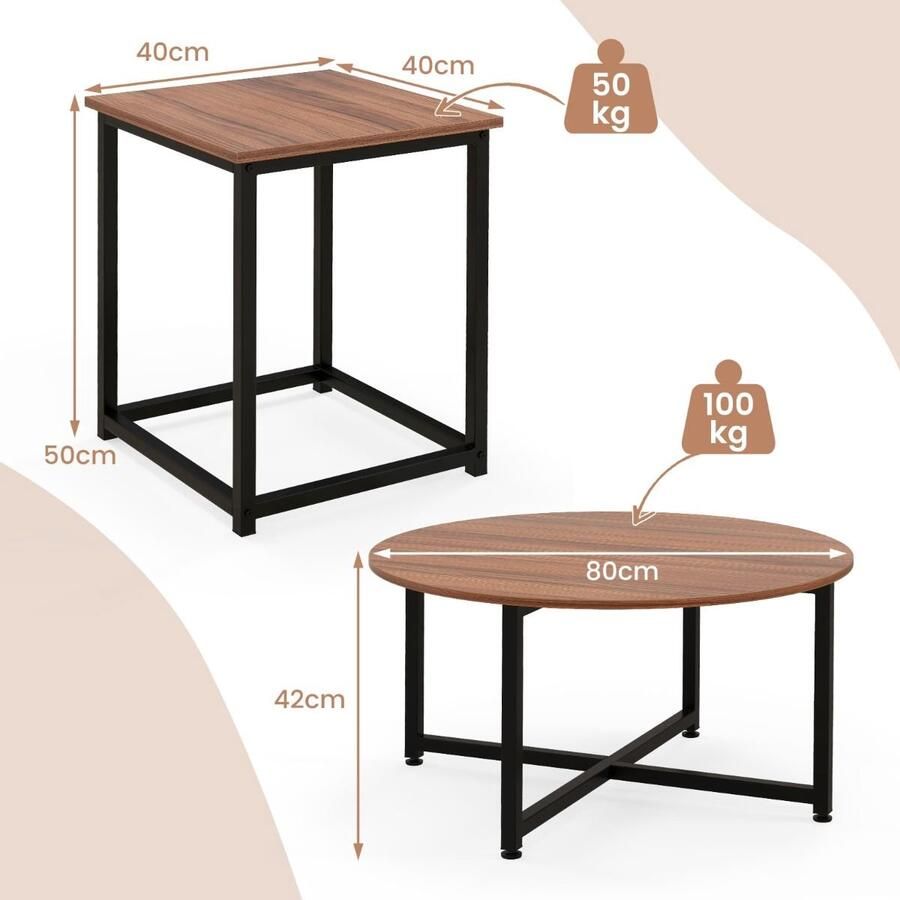 Salontafelset – 3-delig: ronde tafel + 2 vierkante bijzettafels stevig metalen frame – Walnoot Wit Grijs