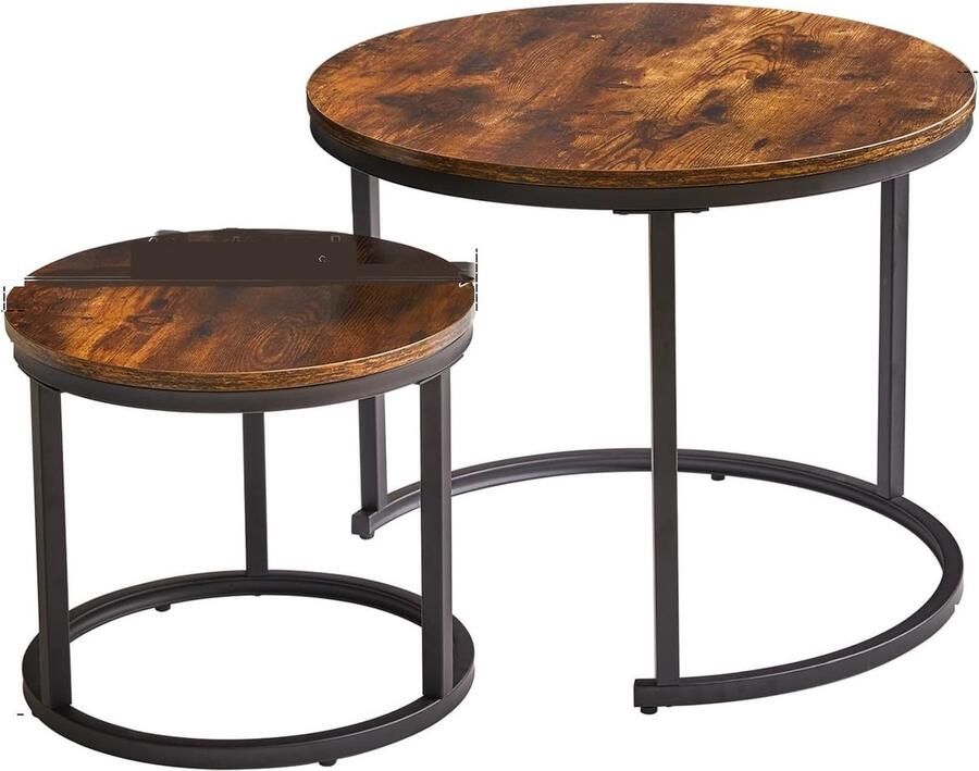 Retadou Salontafelset rond bijzettafel in 2 matten 2-delige woonkamertafel salontafelset eenvoudige montage industrieel design vintage bruin