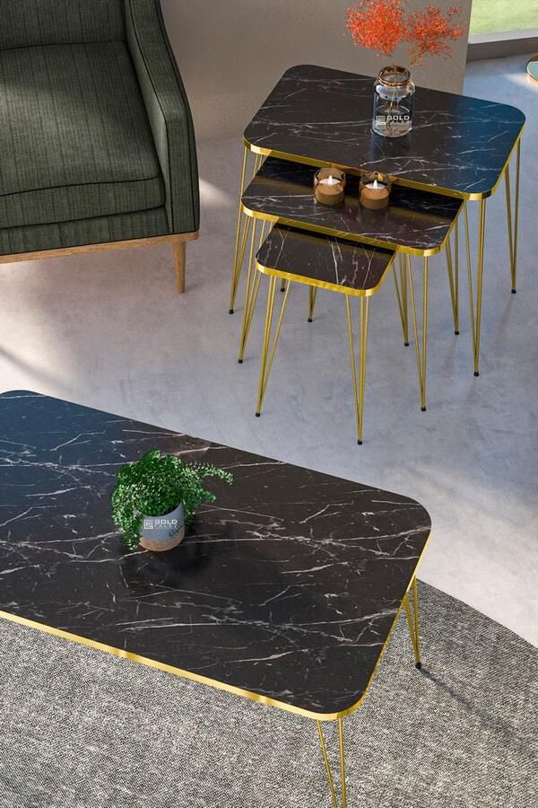 Salontafelset Zwart Marmeren Look Set van 4 Luxe Design Bijzettafel Bank Vierkante Salontafel Woonkamertafel Bijzettafel en Salontafel met Gouden Poten 50x90 cm Zwart en Marmer