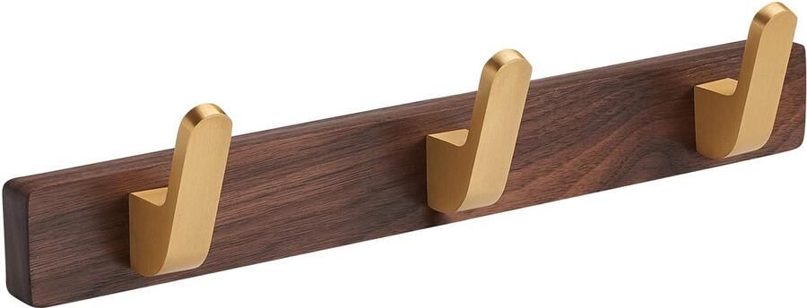 SARIHOSY 3-haaks wandgemonteerde kapstok met gouden zinklegering kapstokhaken walnoothouten basis voor badkamerkeuken kapstok gebogen haken 3 haken