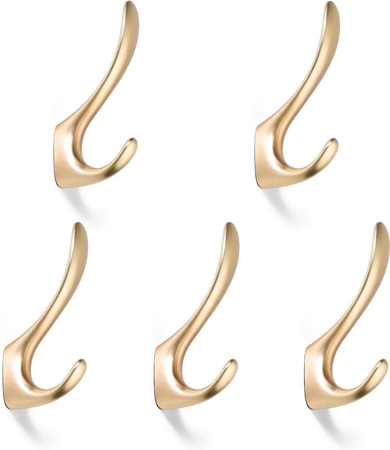 SARIHOSY 5 x Gouden kapstokhaken schroefhaken voor over de deur voor badjassen dubbele messing kapstokhaken goudkleurig klein aan de muur te bevestigen geborsteld messing kapstokhaken op hout 5-pack
