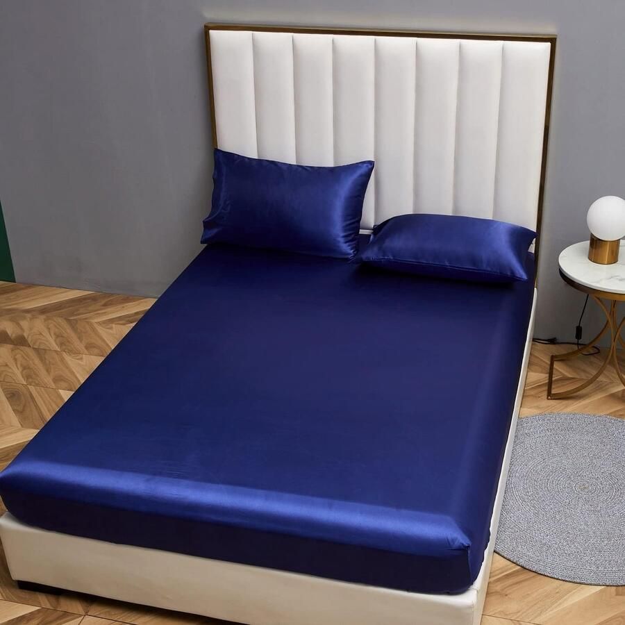 Furnibella Satijnen Hoeslaken 180x200 cm Blauw met Luxe Zijdeglans Geschikt voor Matrassen tot 30 cm Dik