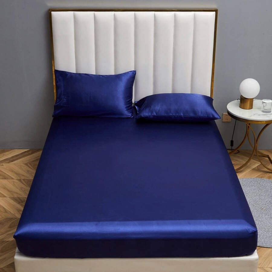 Satijnen hoeslaken 200 x 200 cm blauw glanzend zijden laken hoogwaardig luxe effen hoeslaken geschikt voor matrassen tot 30 cm