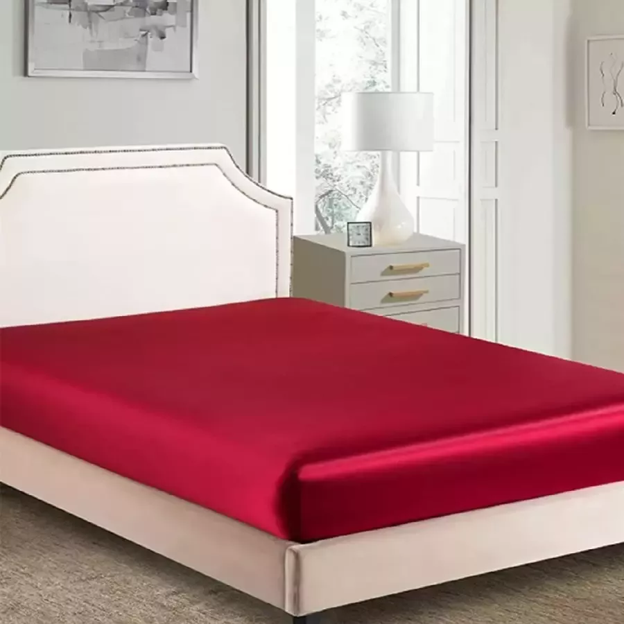 Satijnen hoeslaken 200 x 200 cm rood wit zijde glanzend hoeslaken hoogwaardig satijn deluxe bedlaken geschikt voor matrassen tot 25 cm