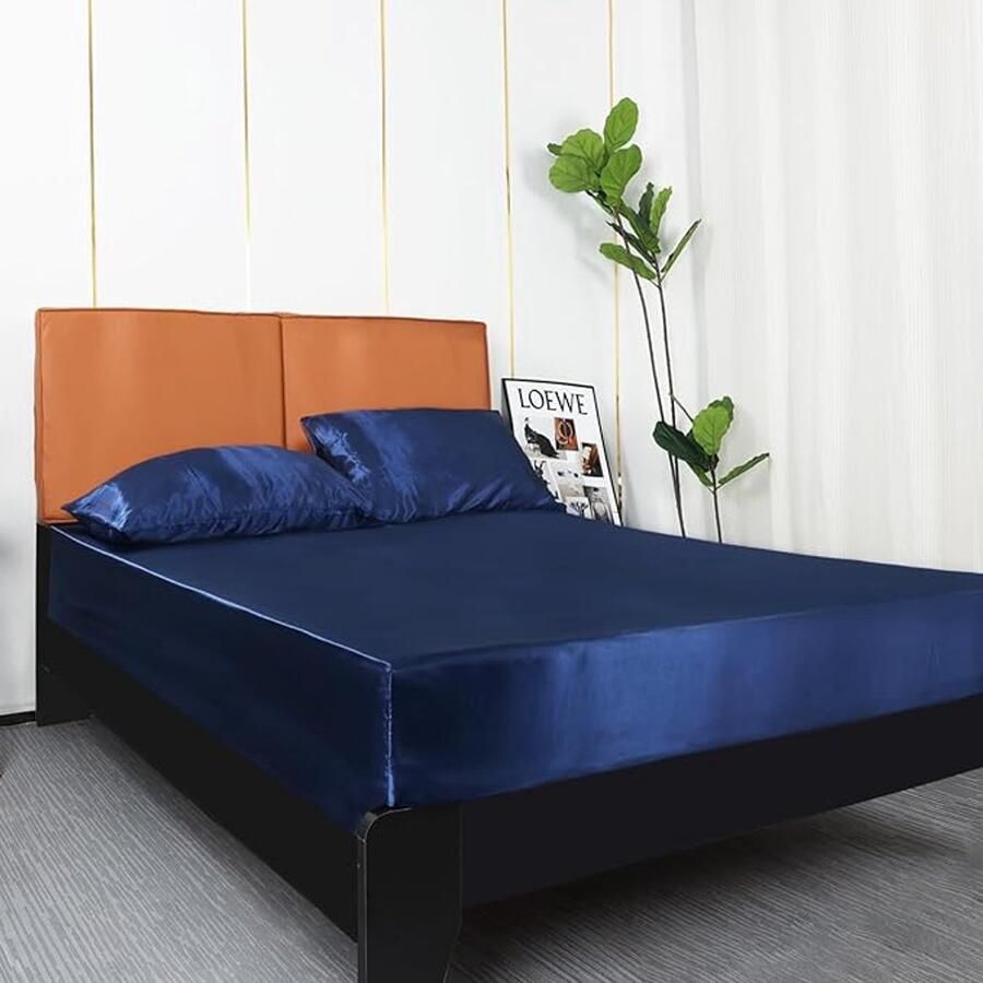 Satijnen hoeslaken 200 x 200 cm zijdeachtig zijdezacht microvezel laken voor matrassen tot 35 cm marineblauw