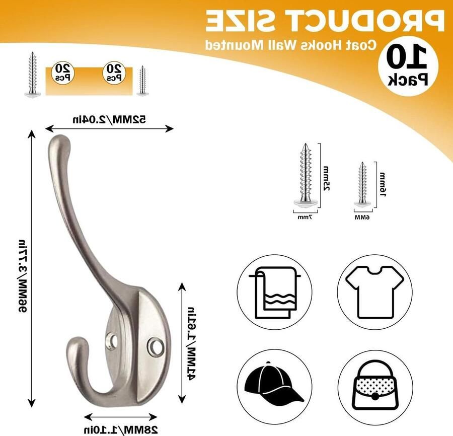 Satijnen nikkel kapstokhaken voor aan de muur roestvrijstalen kapstokken (10 stuks) Heavy Duty kapstokhaken voor wandmontage Premium ontwerp roestvrije deurhaken om op te hangen
