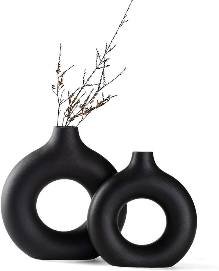 SAWOAKE Vazen voor Pampasgras Set van 2 zwarte keramische vazen ​​voor moderne woonaccessoires Neutrale Boho Nordic Minimalisme Stijl Bloemenvazen Idee voor plank tafel (Groot + Klein)