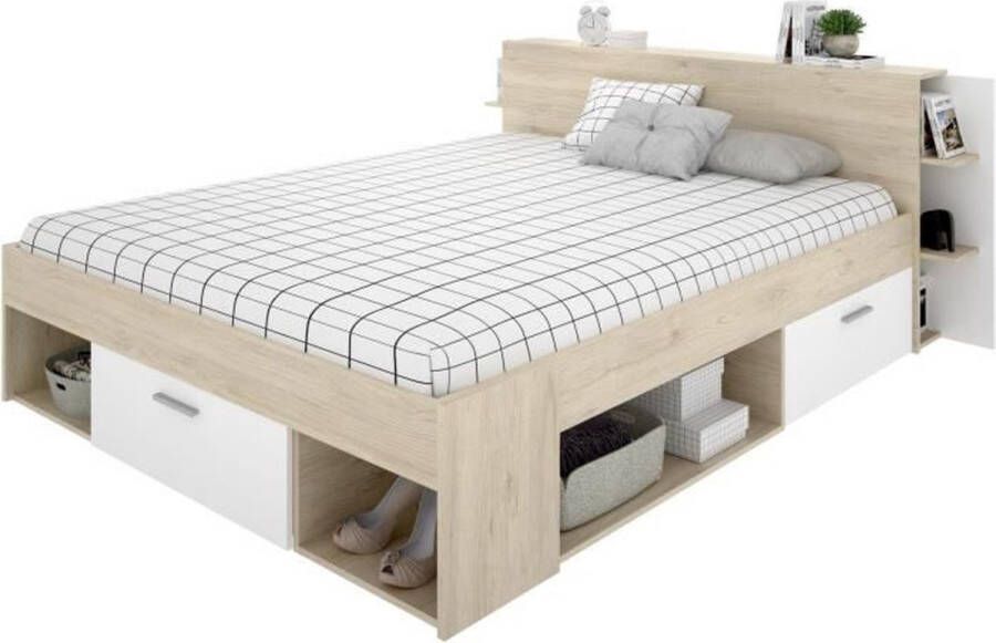 SAX Volwassen bed 160x200 cm 3 lades + Hoofdeinde met opberger Eiken en wit decor
