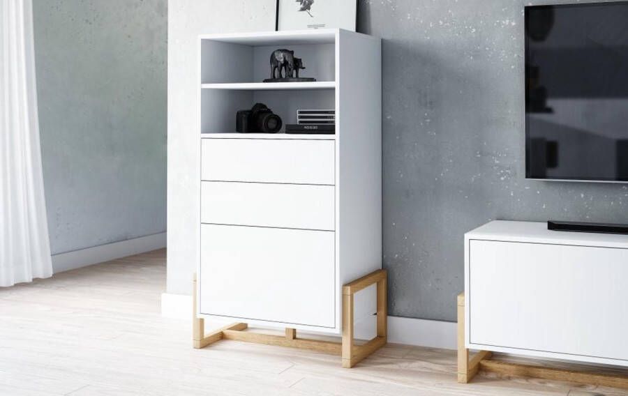 Scandinavische Kast Wit Reyna – Witte Dressoir met Massief Beukenhout – Design Buffetkast Wit – Witte Ladekast Staand