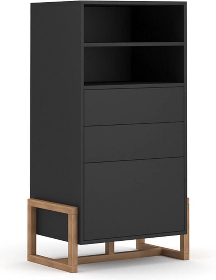 Scandinavische Kast Zwart Reyna – Zwarte Dressoir met Massief Beukenhout – Ladekast Zwart Hout