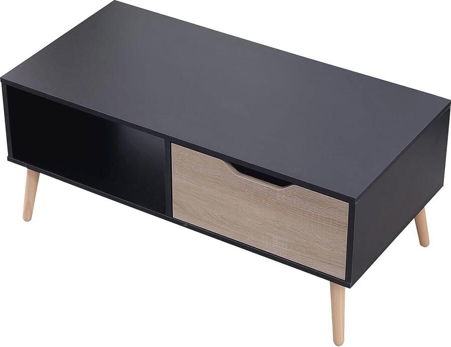 Scandinavische salontafel met lade zwart Houten rechthoekige salontafel met opbergruimte