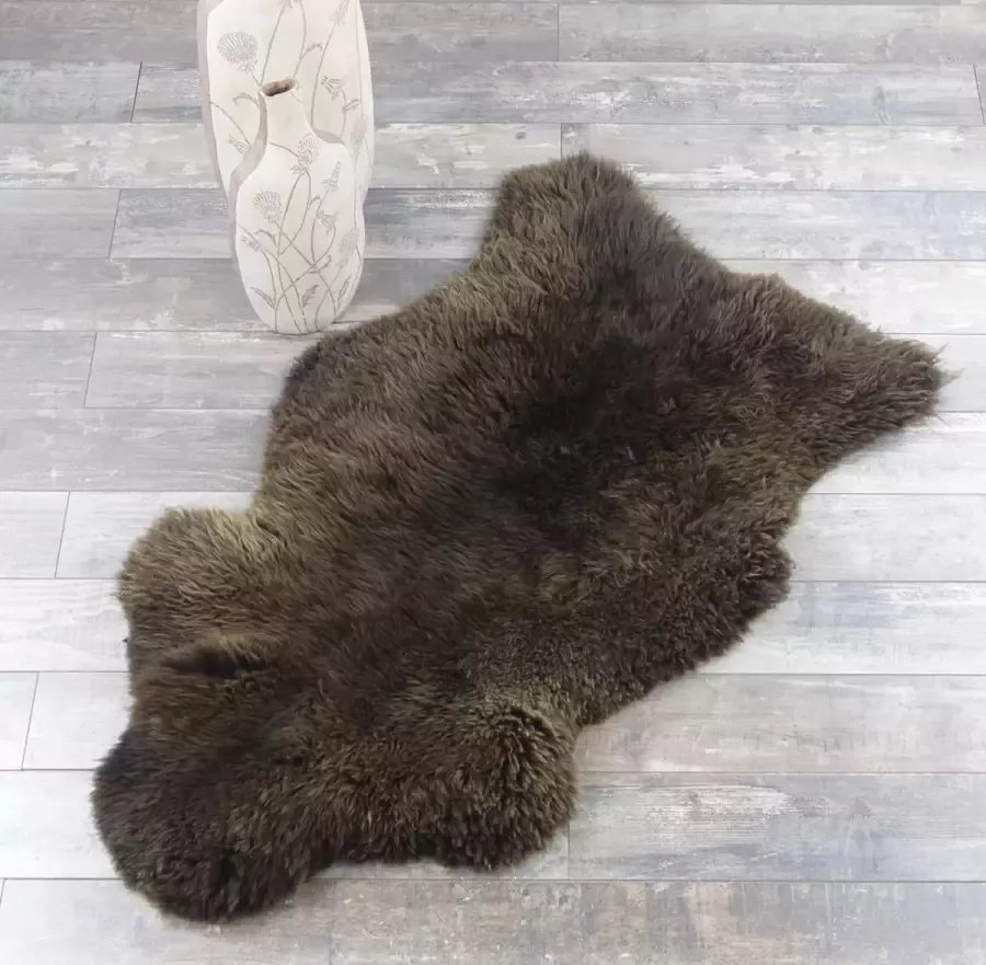 Schapenvachtje Vloerkleed DONKER BRUIN GEMELEERD – Luxe Uitstraling Uniek Lamsvachtje 90 x 60 cm Prachtig Vol Haar 100% ECHT – Zitkussen Bankbedekking OP=OP !