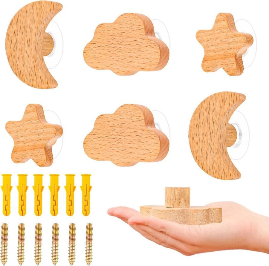 Luvetrex Schattige Houten Knoppen voor Kinderkamer – Sterren Maan en Wolken Set van 6