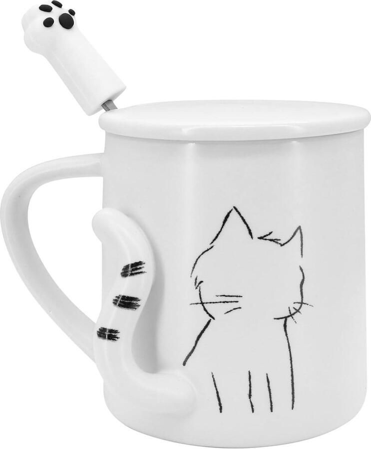 Schattige keramische koffiemok met deksel en schattige lepel Kerstcadeau voor kattenliefhebbers vrouwen en meisjes 3D schattige kattenstaart