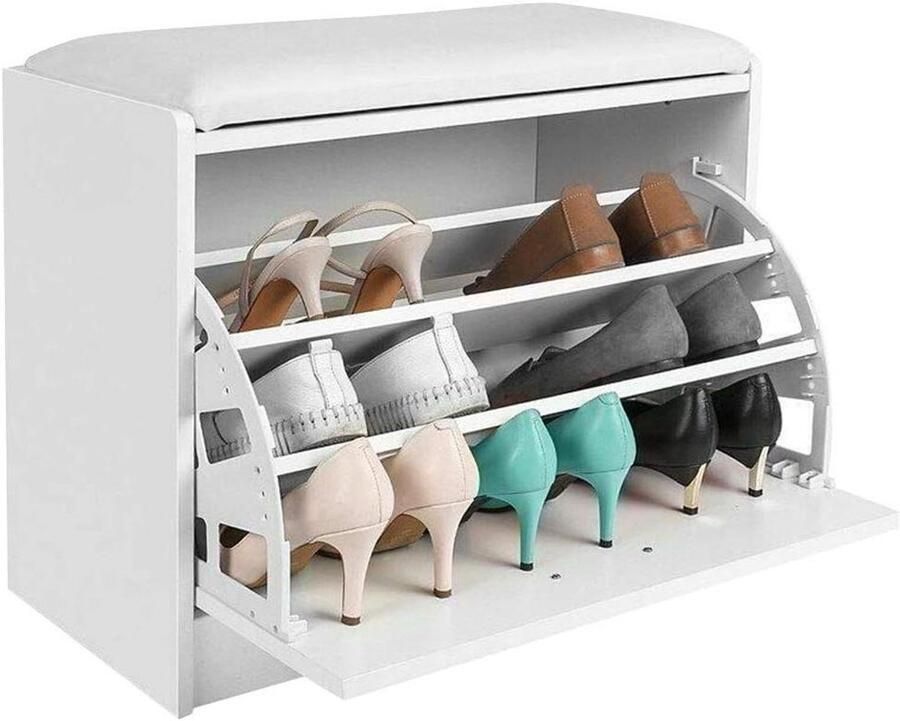 Schoenbank met Klapdeur Ruimtebesparende Houten Schoenenkast 1 Stuk Wit Kunstleer Zitting 60 x 30 x 48 cm