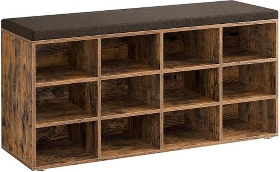 ZAZA Home Schoenbank met Zitkussen en Opbergruimte Halbank met 12 Vakken en Verstelbare Planken Bruin