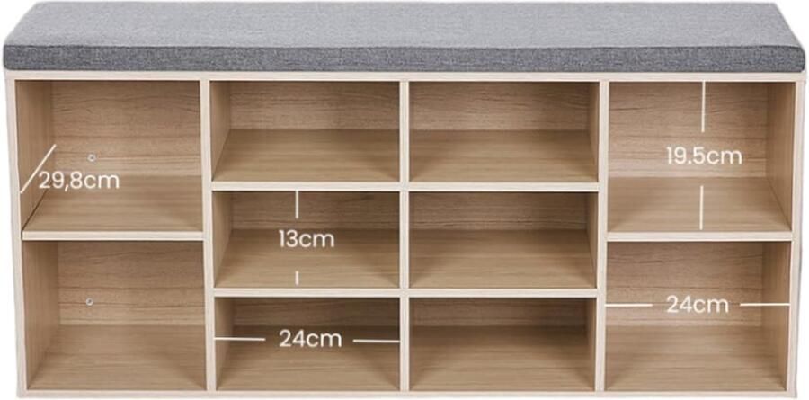 Schoenbank schoenplank Space -sparende opslag 10 compartimenten 104 x 30 x 48 cm houten look