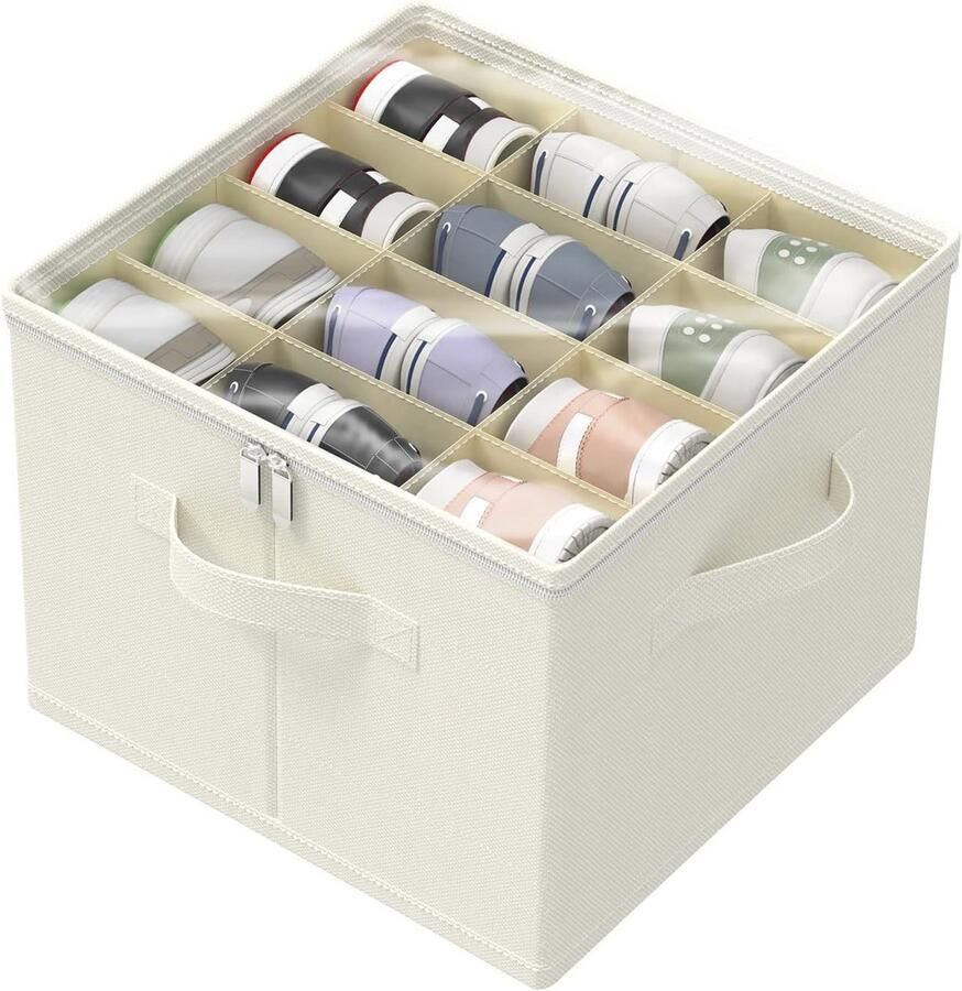 Schoenbox voor 6-12 paar Transparante Opvouwbare Kledingkastorganizer met Handgrepen (43x43x33 cm) Beige