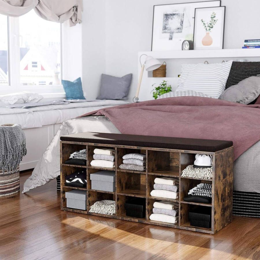 Schoenenbank bank schoenenrek met zitting met kussen en 15 vakken opbergrek voor in de gang belastbaar tot 200 kg vintage bruin-bruin