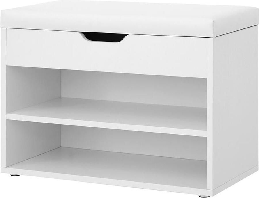 Schoenenbank Gevoerde schoenenbank 2 vakken Schoenenbank in de hal Schoenenopbergbank Schoenenrek met kussen Gang Ingang Imitatielinnen Schuim Spaanplaat Mat wit 60 x 30 x 44 cm (B x D x H )