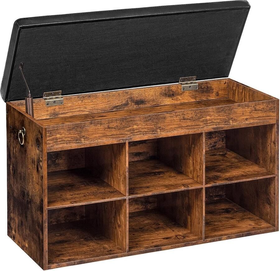 Schoenenbank Gevoerde Zitbank Schoenenrek Met Opbergruimte onder de Zitting 6 Open Vakken Belastbaar tot 135 kg Ingang Hal Woonkamer Slaapkamer 31 x 80 x 46 cm Vintage Bruin-Zwart