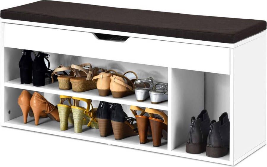 Schoenenbank houten schoenen opbergbank met kussen schoenenrek bank met opheffen bovenste compartiment 104 x 30 x 48cm (Wit)